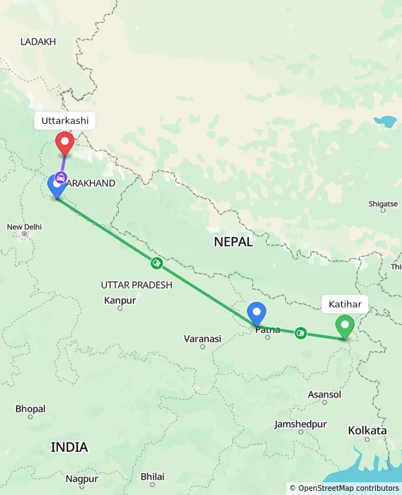 Route map showing distance and travel time from Katihar, India to Uttarkashi, India
