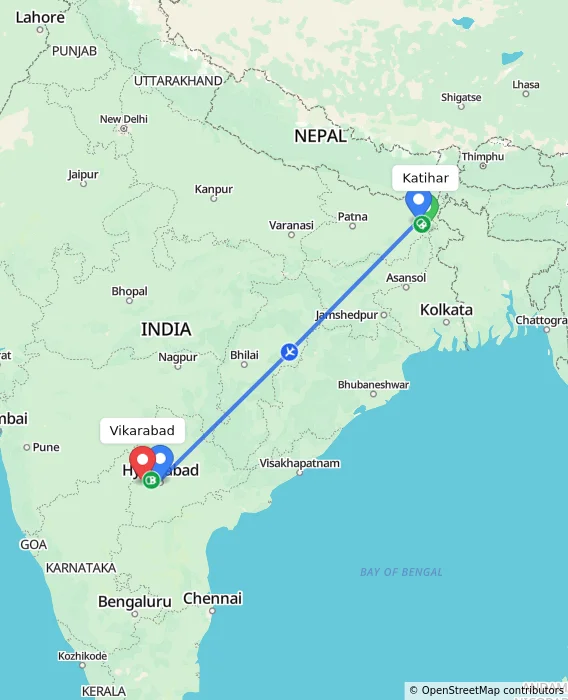 Route map showing distance and travel time from Katihar, India to Vikarabad, India
