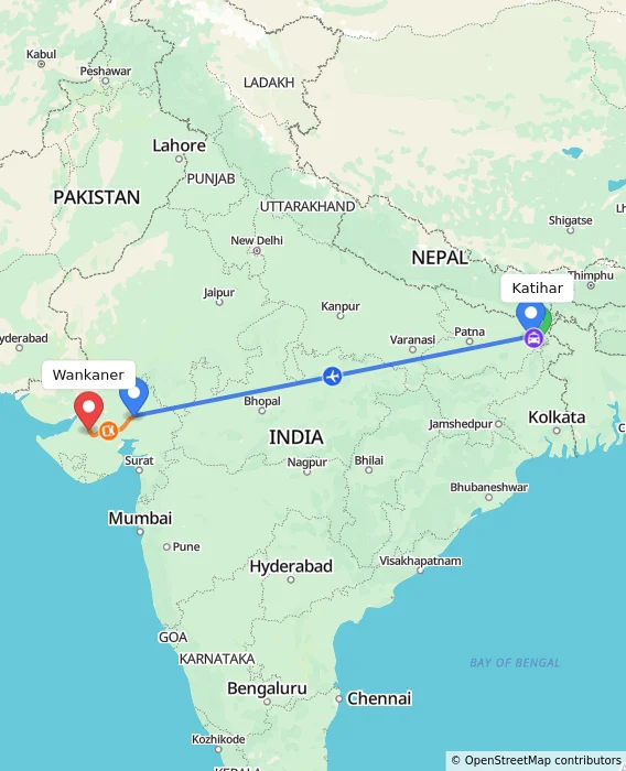 Route map showing distance and travel time from Katihar, India to Wankaner, India