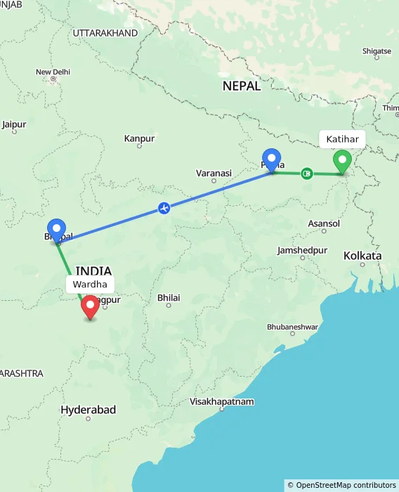 Route map showing distance and travel time from Katihar, India to Wardha, India