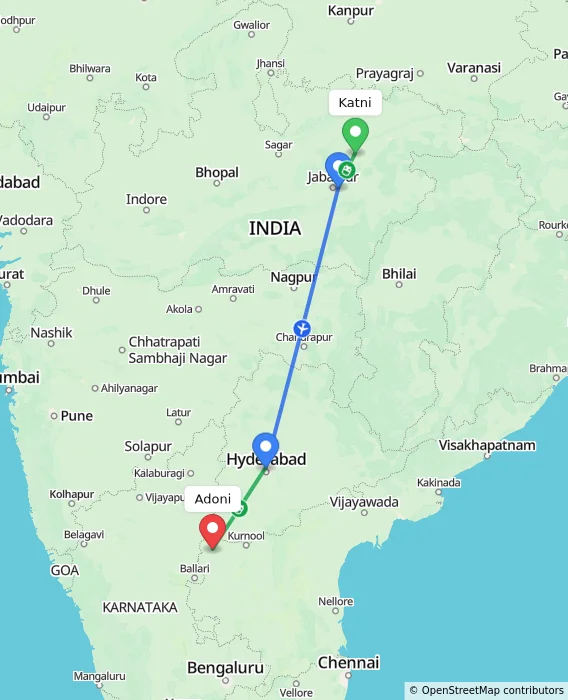 Route map showing distance and travel time from Katni, India to Adoni, India