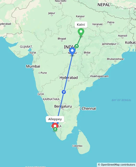 Route map showing distance and travel time from Katni, India to Alleppey, India