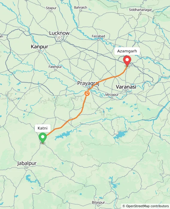 Route map showing distance and travel time from Katni, India to Azamgarh, India