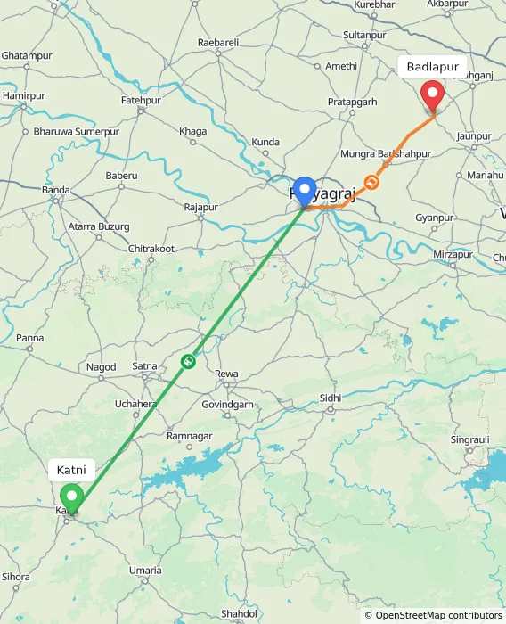 Route map showing distance and travel time from Katni, India to Badlapur, India