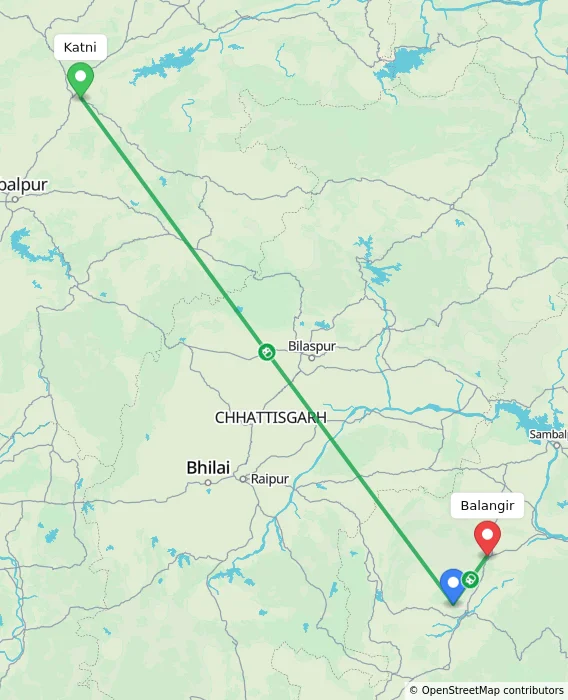 Route map showing distance and travel time from Katni, India to Balangir, India