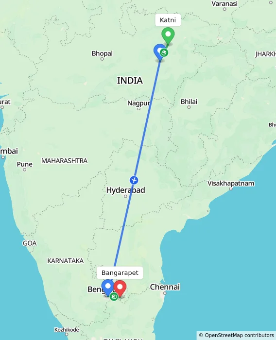 Route map showing distance and travel time from Katni, India to Bangarapet, India