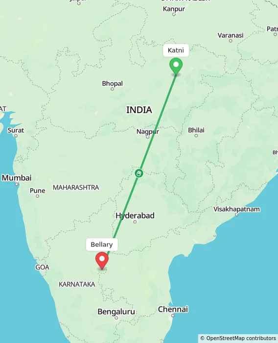 Route map showing distance and travel time from Katni, India to Bellary, India