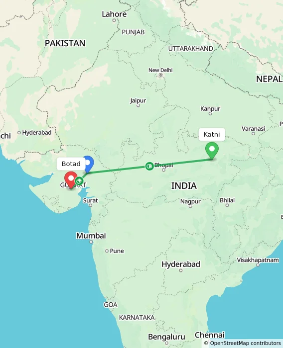 Route map showing distance and travel time from Katni, India to Botad, India