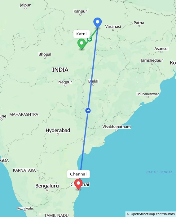 Route map showing distance and travel time from Katni, India to Chennai, India