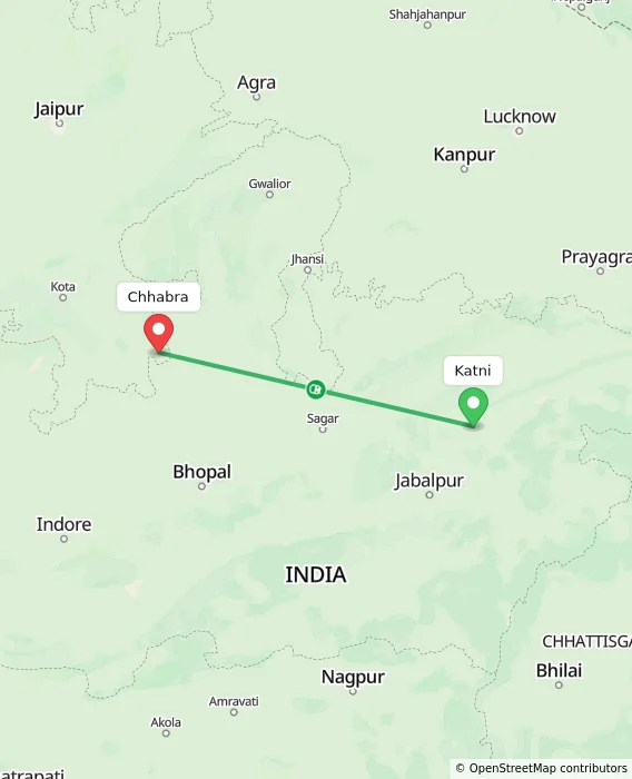 Route map showing distance and travel time from Katni, India to Chhabra, India