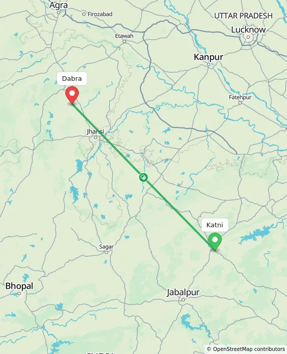 Route map showing distance and travel time from Katni, India to Dabra, India