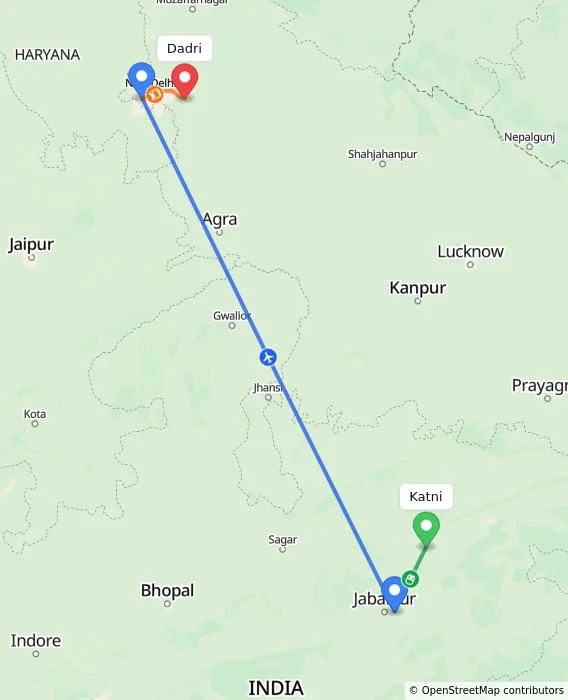 Route map showing distance and travel time from Katni, India to Dadri, India