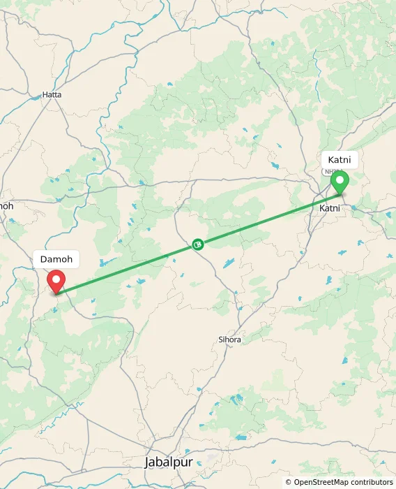 Route map showing distance and travel time from Katni, India to Damoh, India