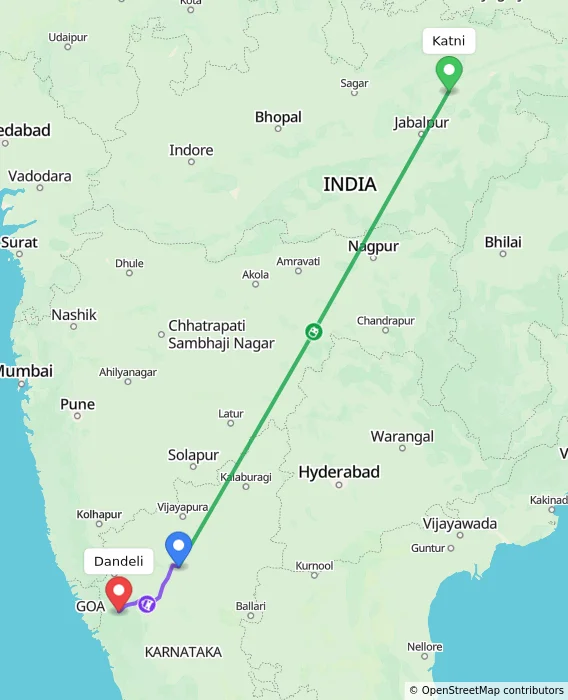 Route map showing distance and travel time from Katni, India to Dandeli, India