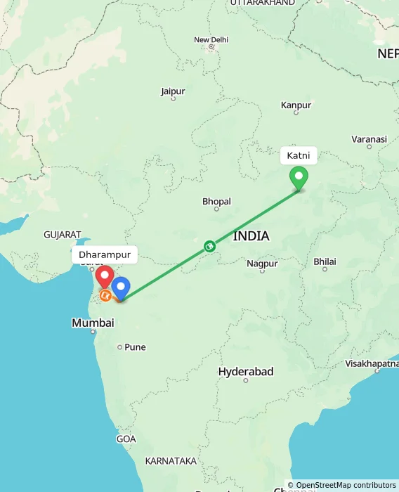 Route map showing distance and travel time from Katni, India to Dharampur, India