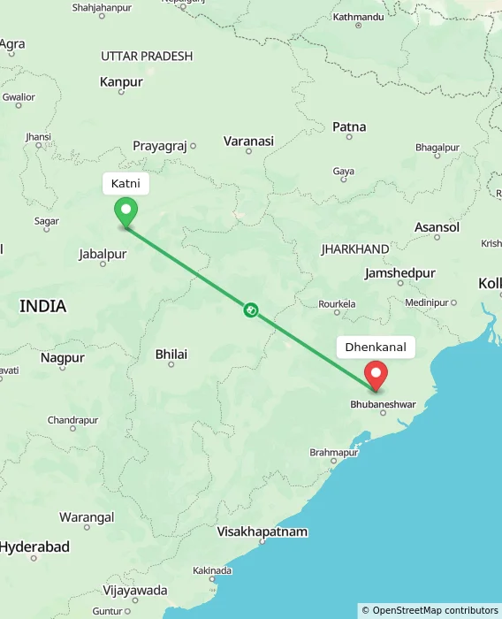 Route map showing distance and travel time from Katni, India to Dhenkanal, India