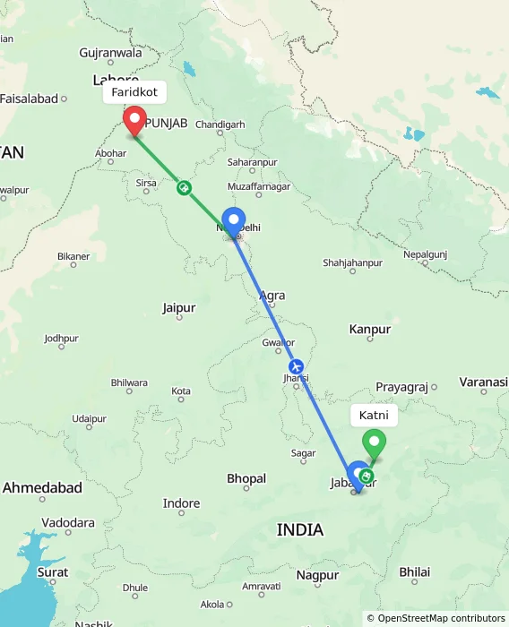 Route map showing distance and travel time from Katni, India to Faridkot, India