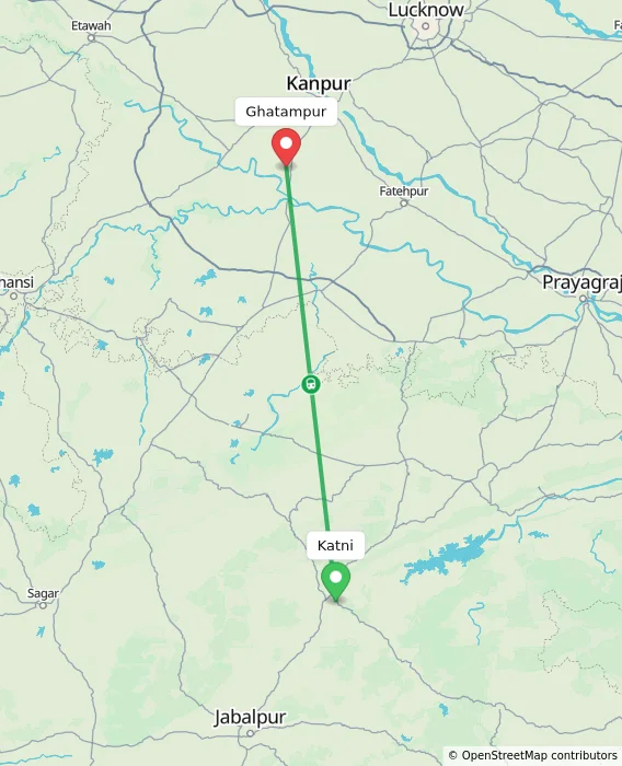Route map showing distance and travel time from Katni, India to Ghatampur, India