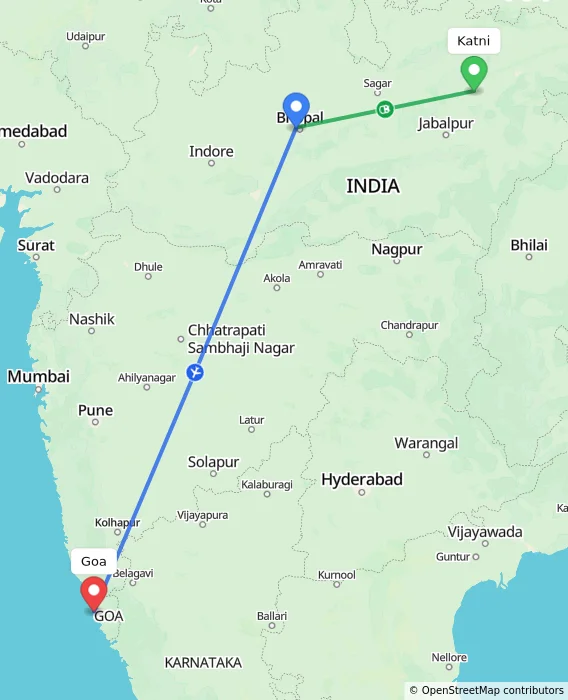 Route map showing distance and travel time from Katni, India to Goa, India