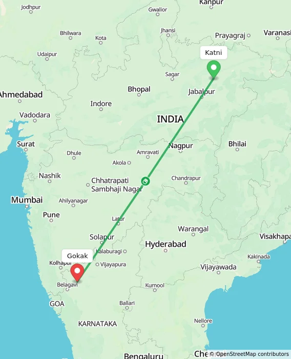 Route map showing distance and travel time from Katni, India to Gokak, India
