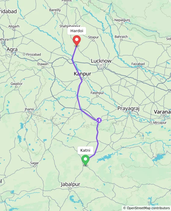 Route map showing distance and travel time from Katni, India to Hardoi, India