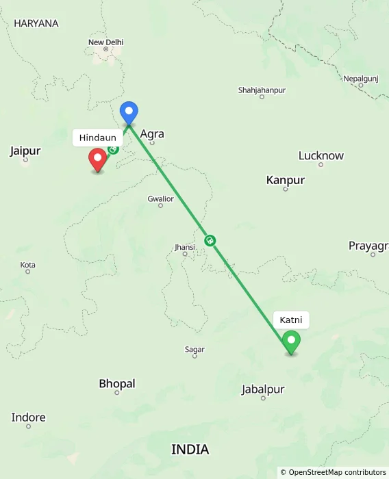 Route map showing distance and travel time from Katni, India to Hindaun, India