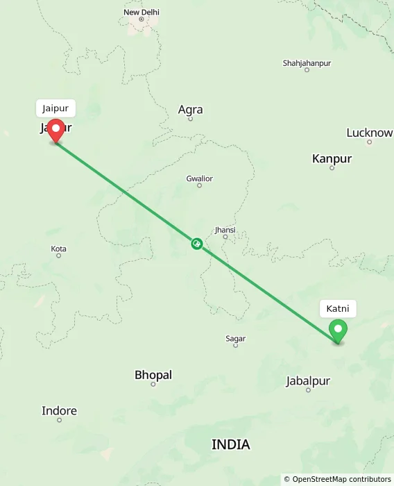 Route map showing distance and travel time from Katni, India to Jaipur, India
