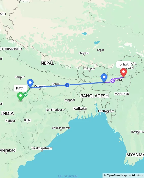 Route map showing distance and travel time from Katni, India to Jorhat, India