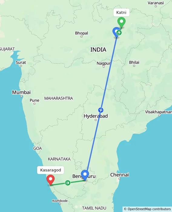 Route map showing distance and travel time from Katni, India to Kasaragod, India