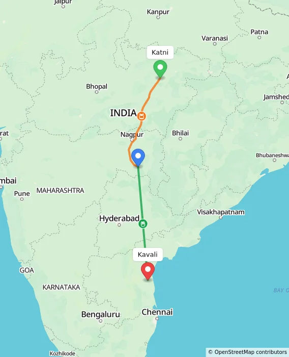 Route map showing distance and travel time from Katni, India to Kavali, India