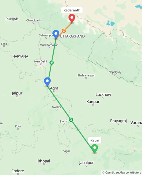 Route map showing distance and travel time from Katni, India to Kedarnath, India