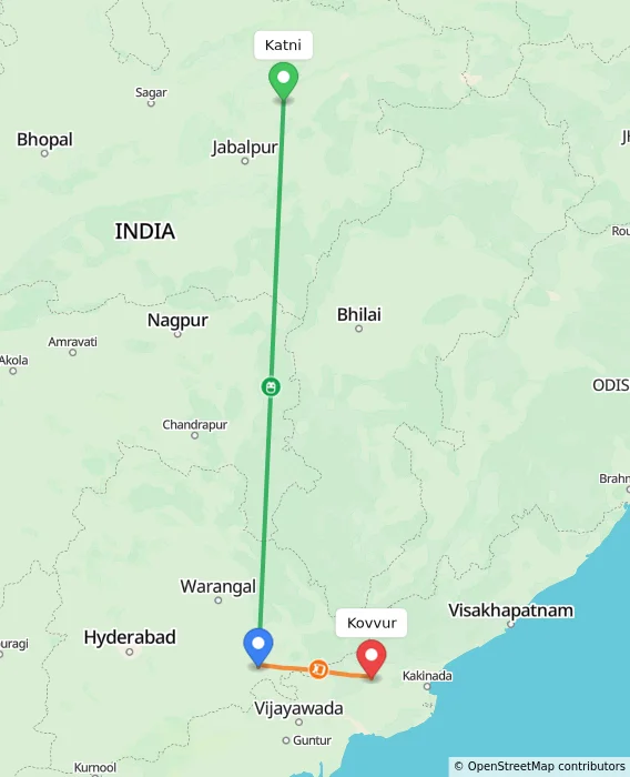 Route map showing distance and travel time from Katni, India to Kovvur, India