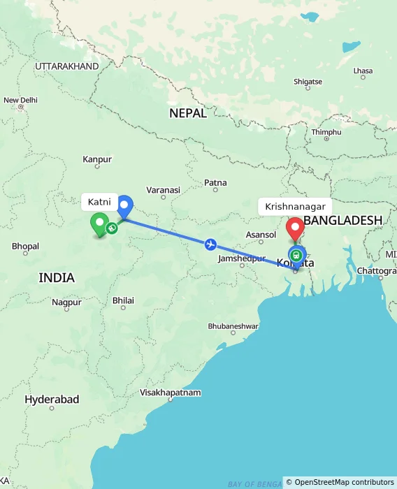 Route map showing distance and travel time from Katni, India to Krishnanagar, India