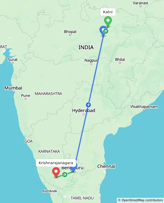 Route map showing distance and travel time from Katni, India to Krishnarajanagara, India