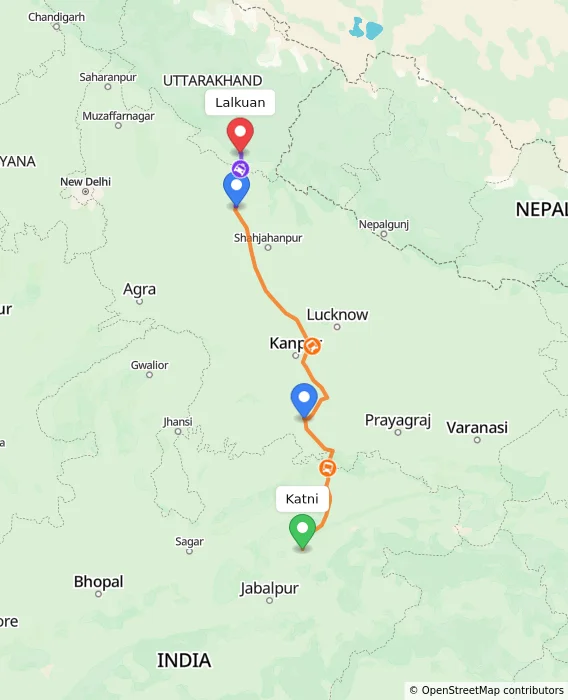 Route map showing distance and travel time from Katni, India to Lalkuan, India