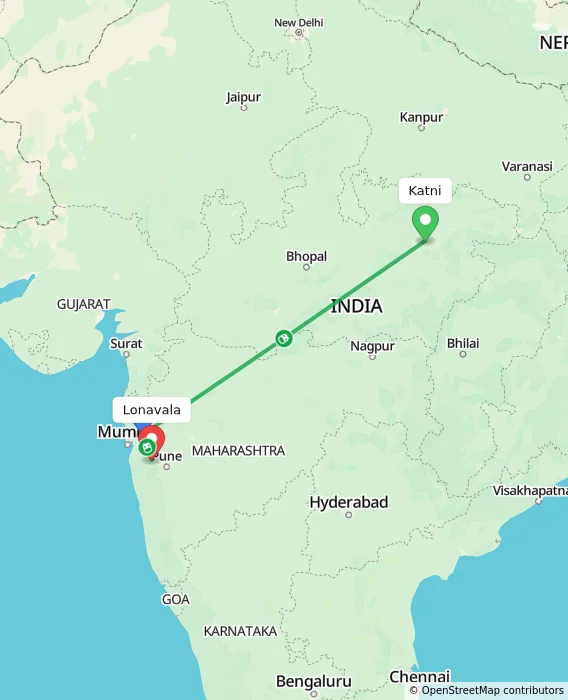 Route map showing distance and travel time from Katni, India to Lonavala, India