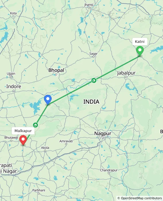 Route map showing distance and travel time from Katni, India to Malkapur, India