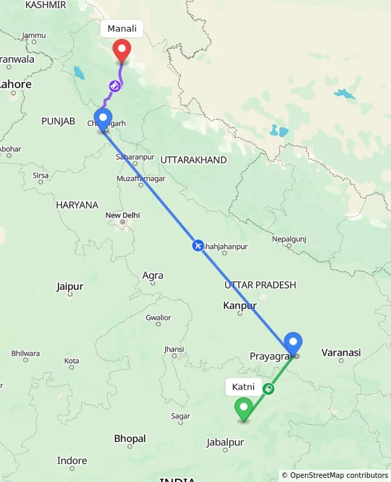 Route map showing distance and travel time from Katni, India to Manali, India