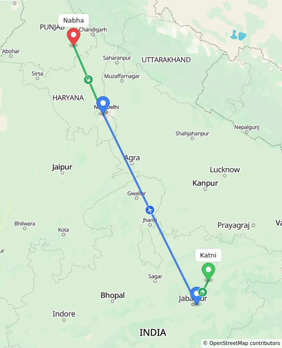 Route map showing distance and travel time from Katni, India to Nabha, India