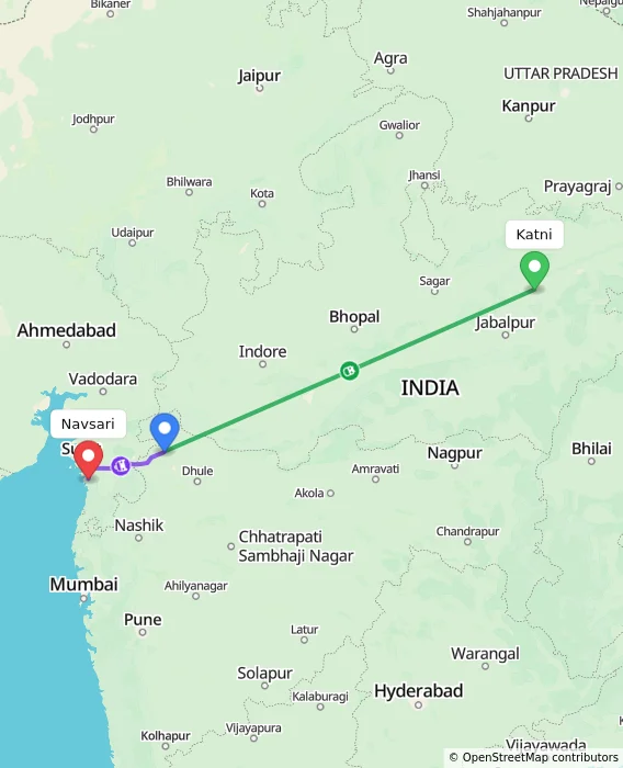 Route map showing distance and travel time from Katni, India to Navsari, India