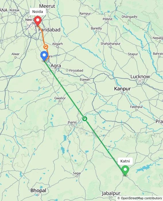 Route map showing distance and travel time from Katni, India to Noida, India
