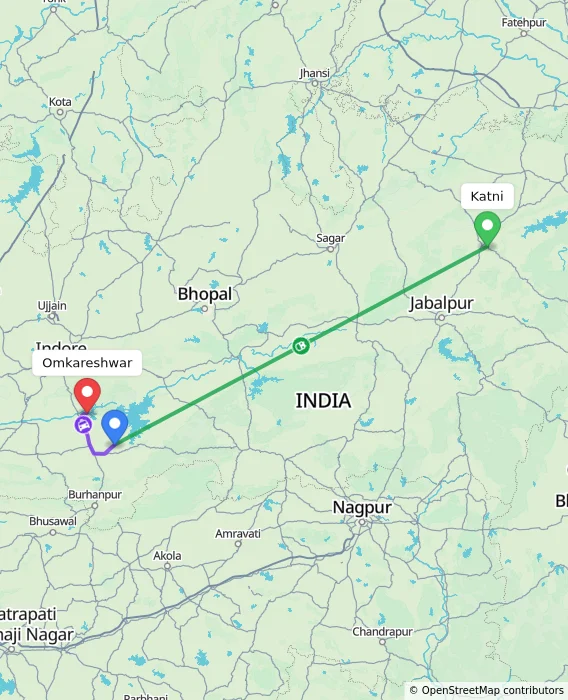 Route map showing distance and travel time from Katni, India to Omkareshwar, India