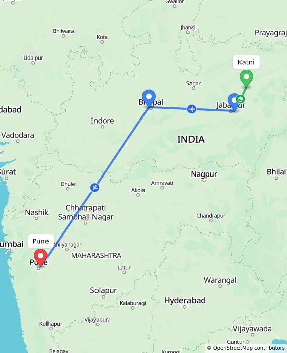 Route map showing distance and travel time from Katni, India to Pune, India