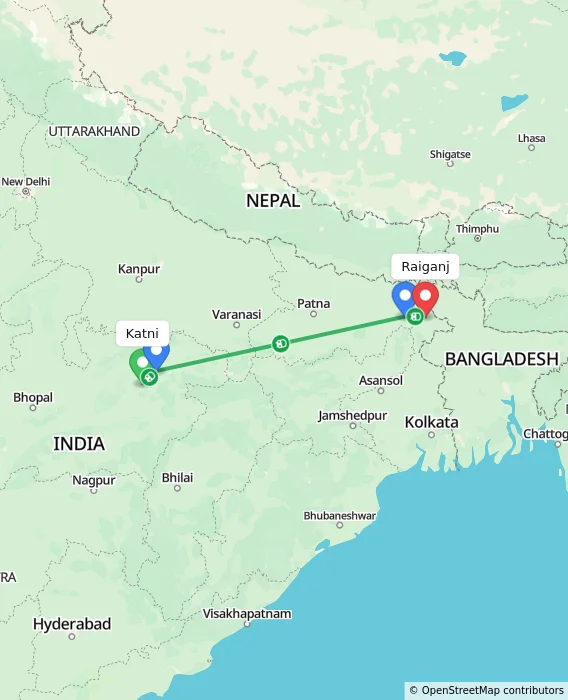 Route map showing distance and travel time from Katni, India to Raiganj, India