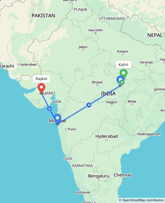 Route map showing distance and travel time from Katni, India to Rajkot, India