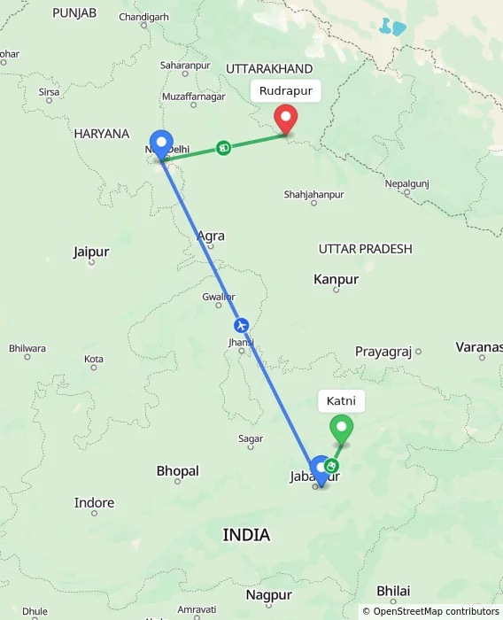 Route map showing distance and travel time from Katni, India to Rudrapur, India