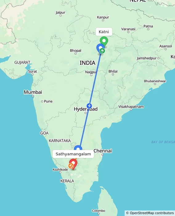 Route map showing distance and travel time from Katni, India to Sathyamangalam, India