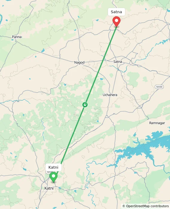 Route map showing distance and travel time from Katni, India to Satna, India
