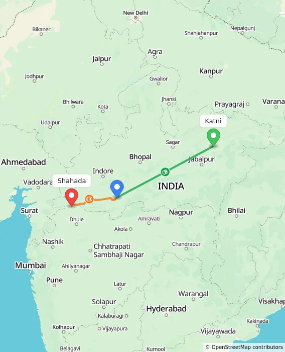 Route map showing distance and travel time from Katni, India to Shahada, India