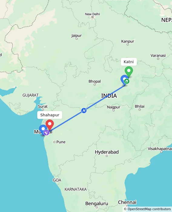 Route map showing distance and travel time from Katni, India to Shahapur, India